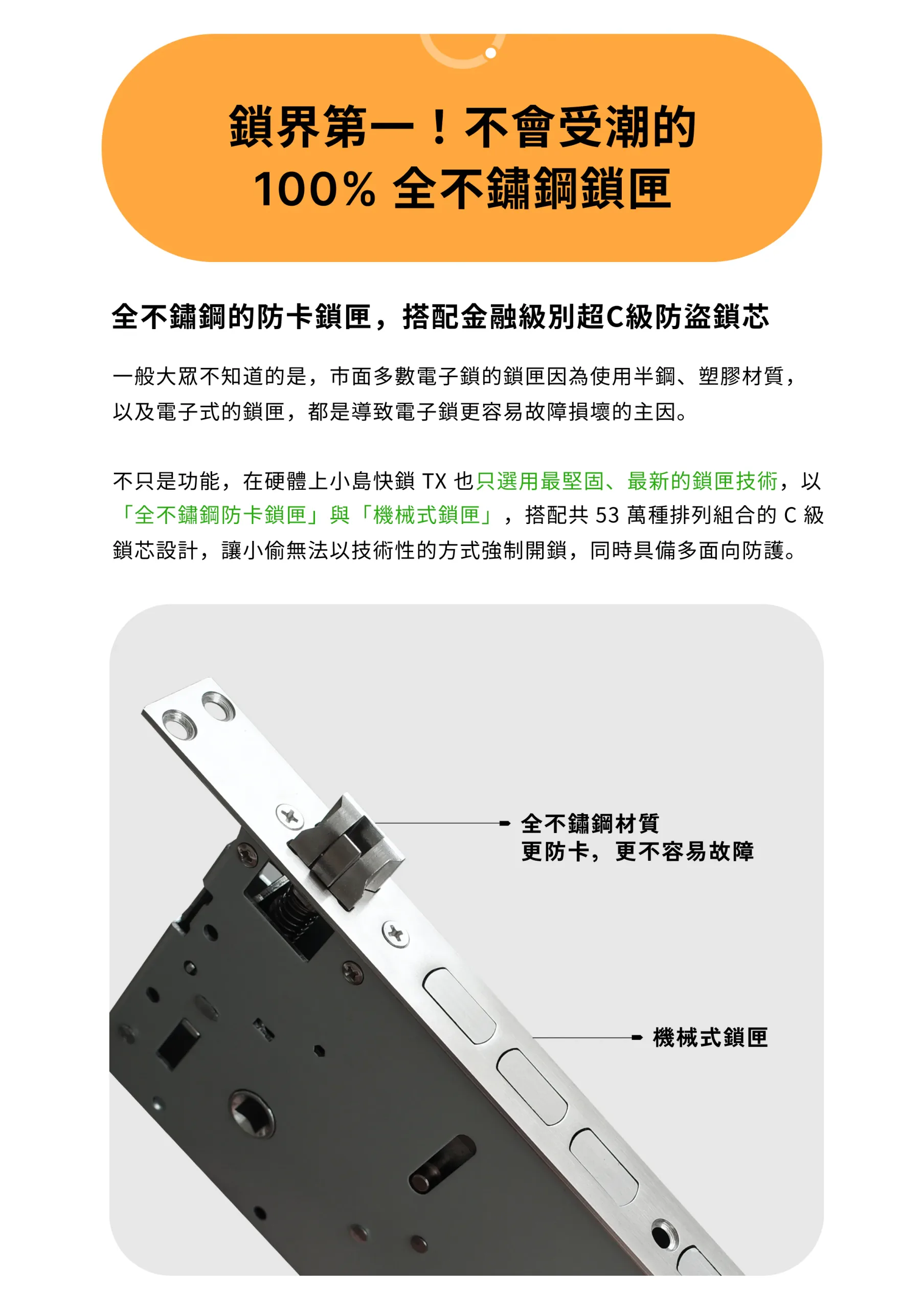 小島快鎖 TX 採用 100% 全不銹鋼鎖匣與金融級超 C 級防盜鎖芯,防卡、防撬且堅固耐用