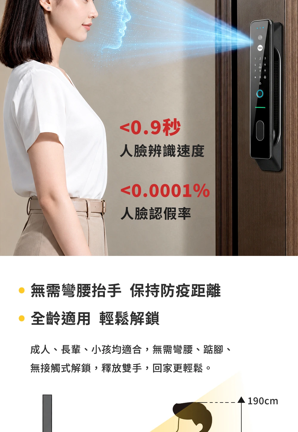 耶魯 YF1073M 人臉辨識速度與全齡適用免彎腰說明