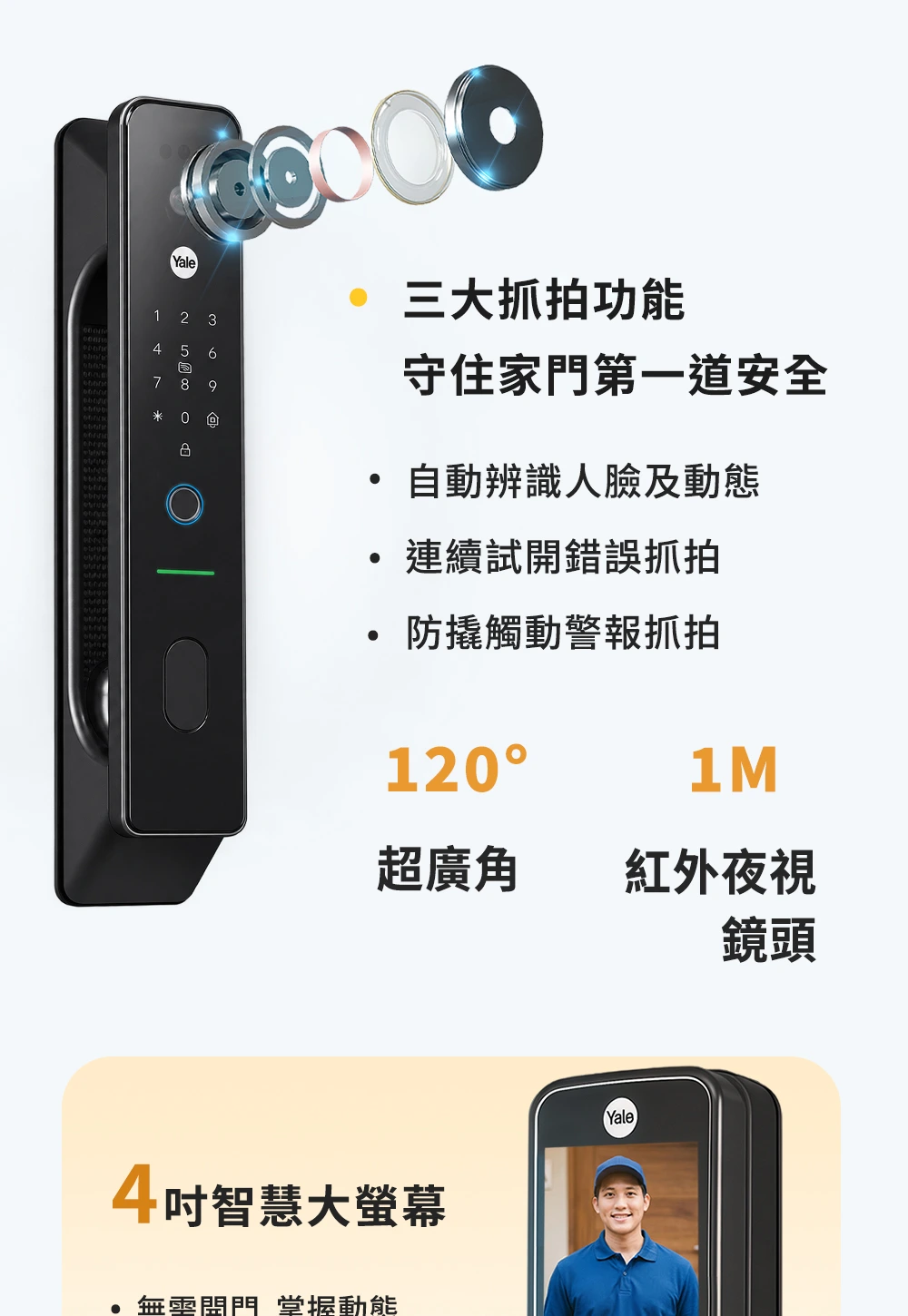 耶魯 YF1073M AI貓眼鏡頭 120 度超廣角與三大抓拍功能