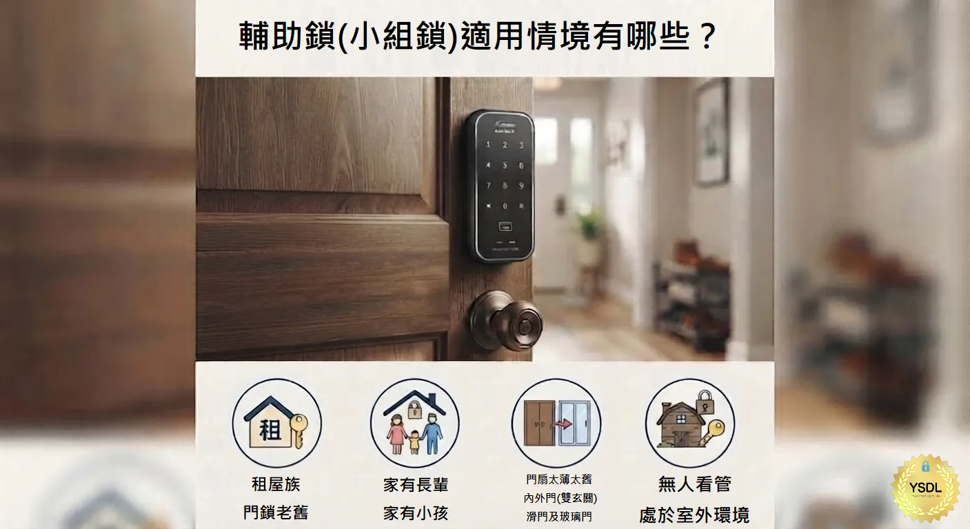 YSDL 智慧物聯體驗館 - 電子輔助鎖/小組鎖的7大適用情境總覽,包含租屋族、老屋、長輩小孩與特殊門扇介紹