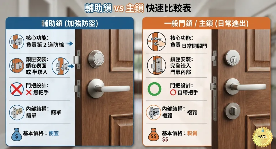 輔助鎖與主鎖(一般門鎖)的快速比較表。左側「輔助鎖」標註為加強防盜,重點為:第2道防線、安裝在表面或半嵌入、無門把、內部結構簡單、價格便宜。右側「主鎖」標註為日常進出,重點為:日常開關門、完全嵌入門扉內部、自帶門把、內部結構複雜、價格較貴。