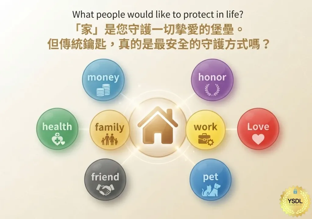 YSDL 智慧物聯體驗館資訊圖表：『家』是您守護摯愛與財富的堡壘。但傳統鑰匙，真的是最安全的守護方式嗎？中心為房屋圖示，環繞八個分別代表 money（錢）、honor（榮譽）、health（健康）、family（家人）、work（工作）、Love（愛）、friend（朋友）、pet（寵物）的彩色圖示按鈕，右下角有 YSDL 品牌標誌。
