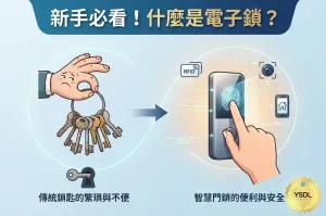 一幅資訊圖表，標題為「新手必看！什麼是電子鎖？」。圖片分為兩半，左半邊顯示一隻手拿著一大串傳統金屬鑰匙，表情困擾，下方文字為「傳統鎖匙的繁瑣與不便」。中間有一個箭頭指向右半邊，右半邊顯示一隻手正在操作一個帶有觸控螢幕、指紋辨識區、RFID圖示和手機APP圖示的現代智慧電子鎖面板，下方文字為「智慧門鎖的便利與安全」。右下角有一個金色的YSDL標誌，整體風格為現代數位插畫。