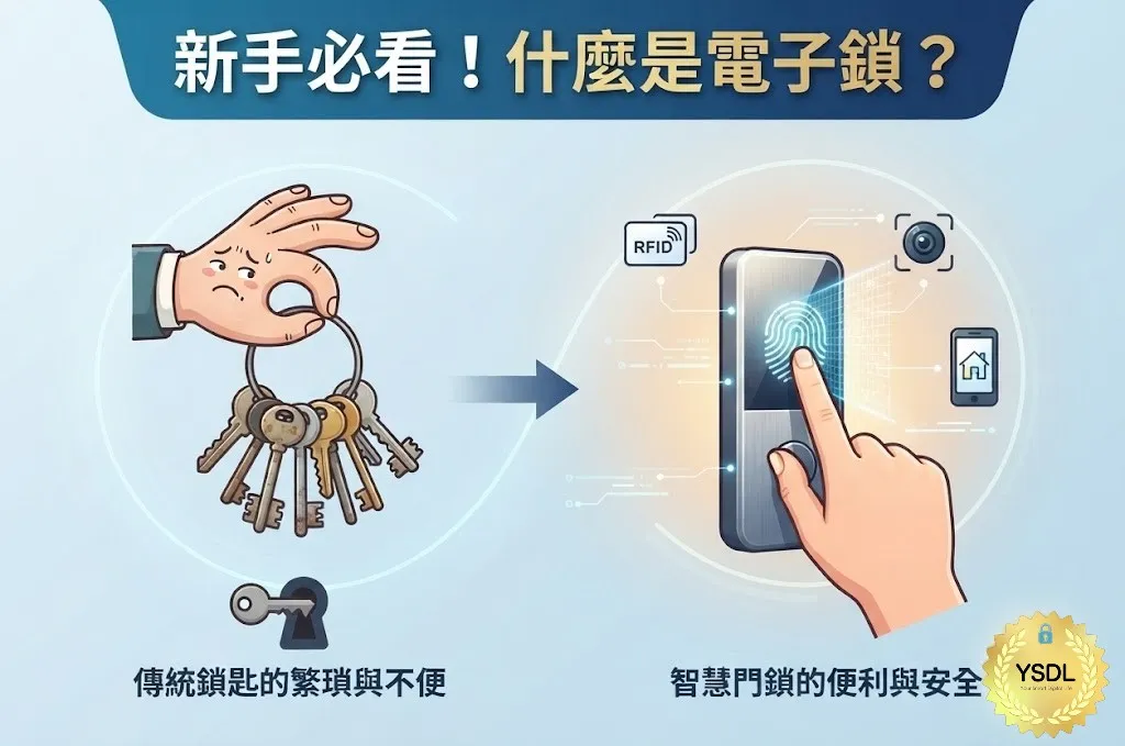 一幅資訊圖表，標題為「新手必看！什麼是電子鎖？」。圖片分為兩半，左半邊顯示一隻手拿著一大串傳統金屬鑰匙，表情困擾，下方文字為「傳統鎖匙的繁瑣與不便」。中間有一個箭頭指向右半邊，右半邊顯示一隻手正在操作一個帶有觸控螢幕、指紋辨識區、RFID圖示和手機APP圖示的現代智慧電子鎖面板，下方文字為「智慧門鎖的便利與安全」。右下角有一個金色的YSDL標誌，整體風格為現代數位插畫。