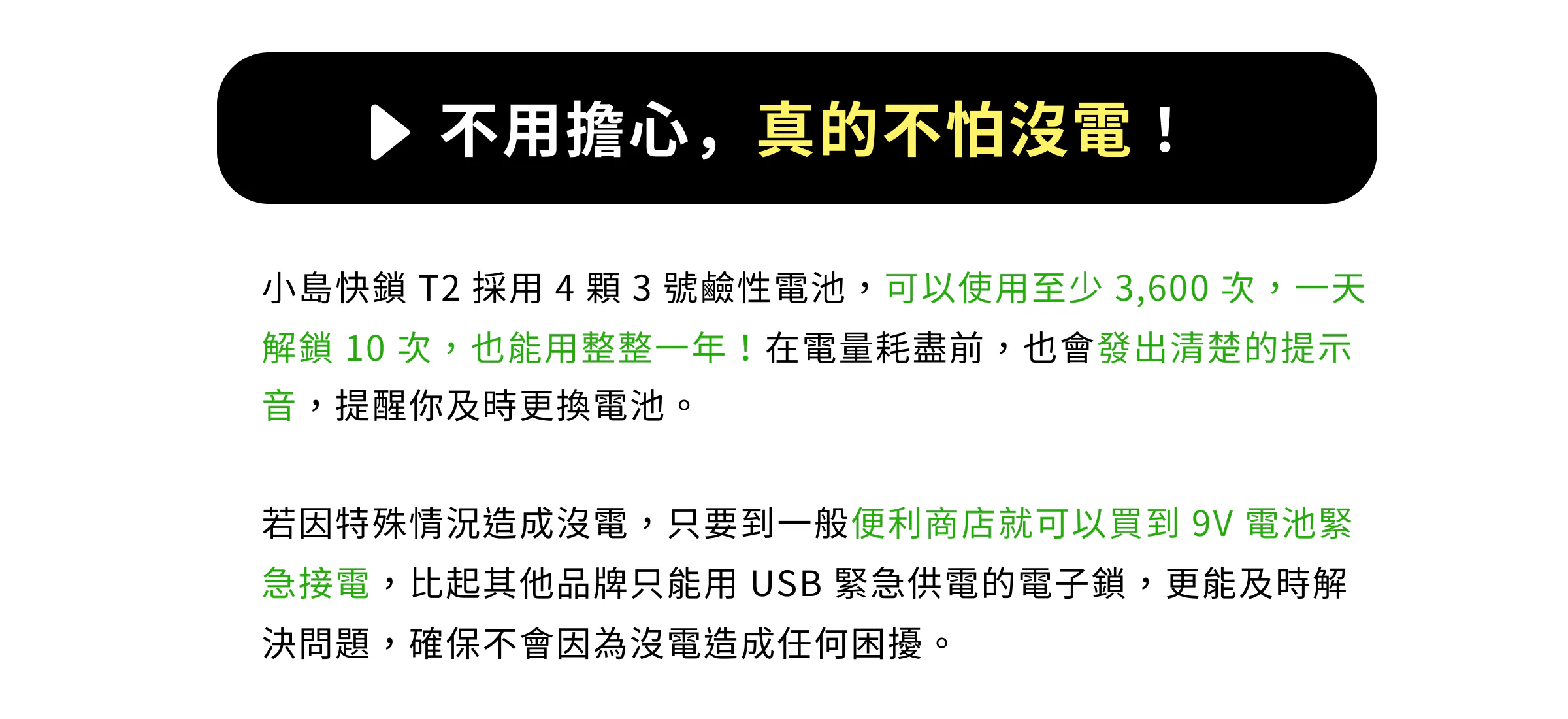 不用擔心，真的不怕沒電！採用 4 顆 3 號鹼性電池，可使用至少 3,600 次（一天解鎖 10 次可用整整一年），電量耗盡前有提示音；若沒電可至便利商店購買 9V 電池進行緊急接電解鎖。